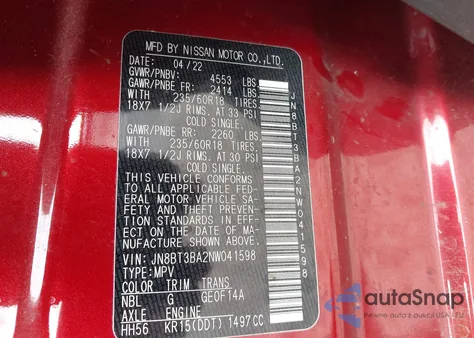 2022 Nissan Rogue Sv Fwd из США, поврежденный, VIN JN8BT3BA2NW041598